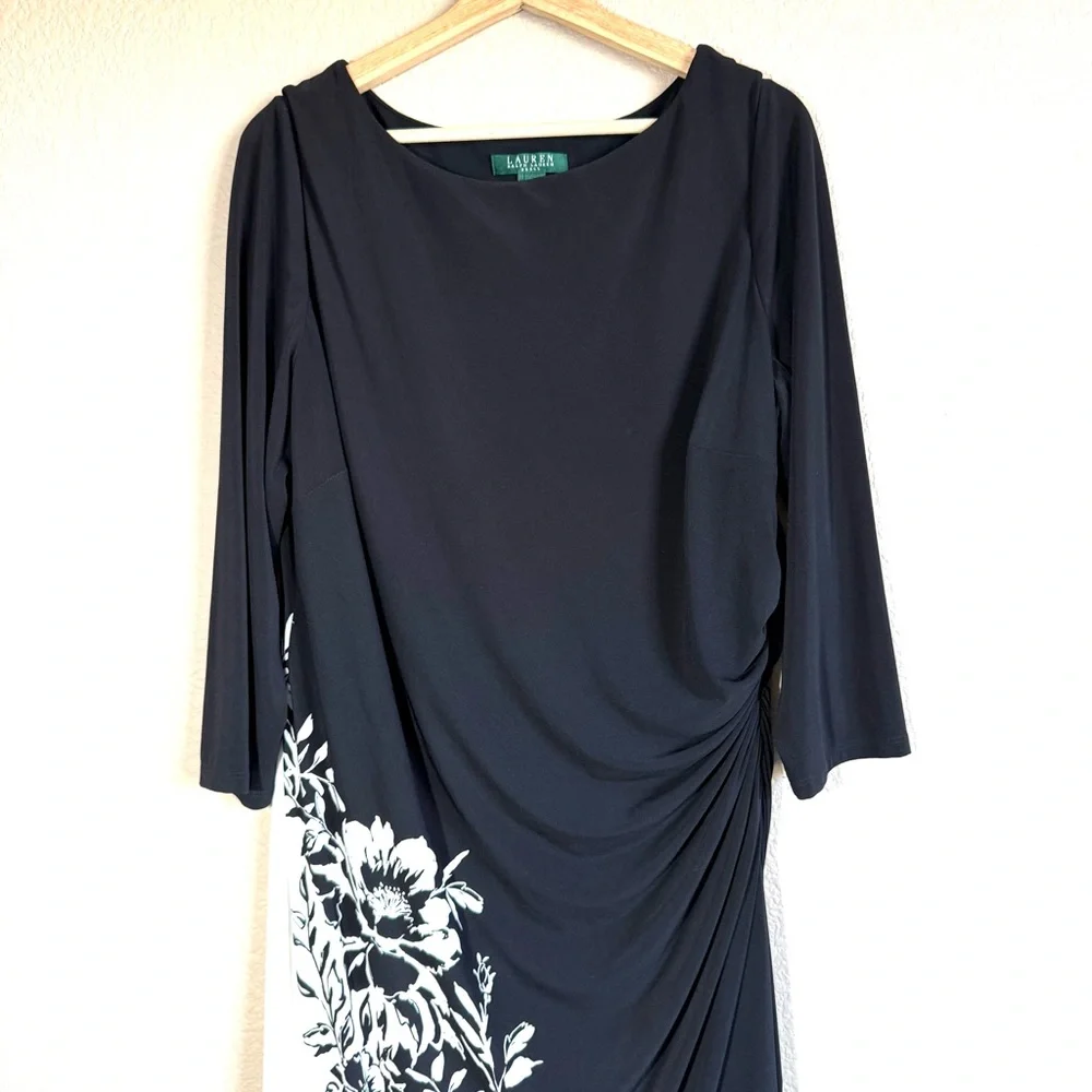 Lauren Ralph Lauren Black White Floral Sheath Women Midi Dress Sz 16W Modest - Picture 3 of 9